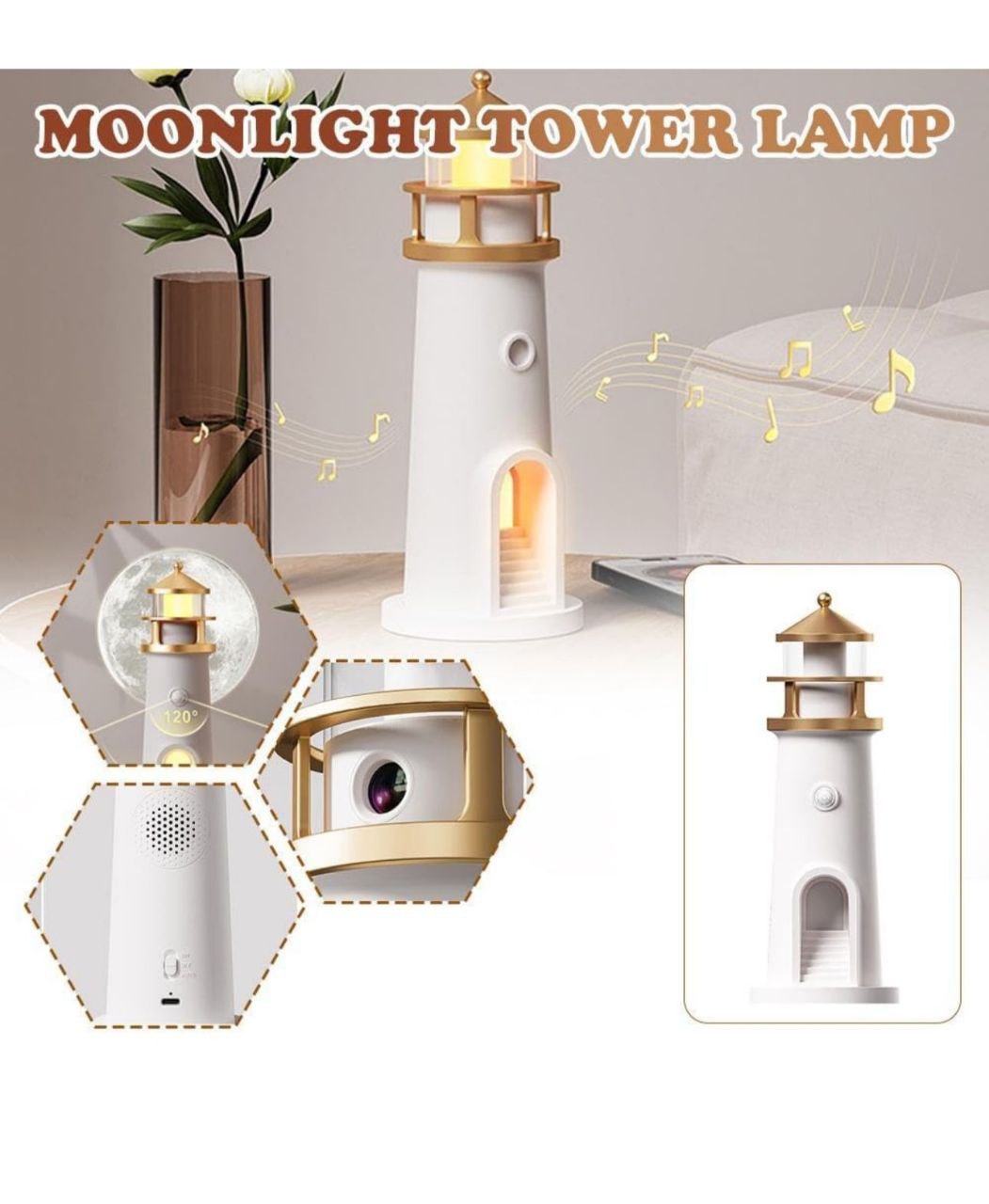 Moon Lamp Projector Night Light, Lighthouse Decor Night Light, Moon Light Galaxy Projector Lamp, Music Motion Sensor Moonlight Lamp,Rechargeable LED Aesthetic Table Lamp Xmas Birthday Gifts